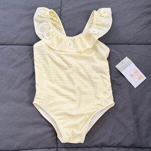 Primark Yellow Striped Baby Bathing Suit with Floral Accents 9-12 months NWT